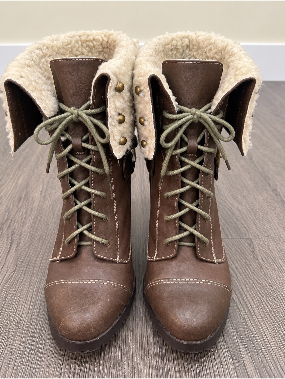 Brown Faux Shearling Lace-Up Heeled Boots with Buckle Detail